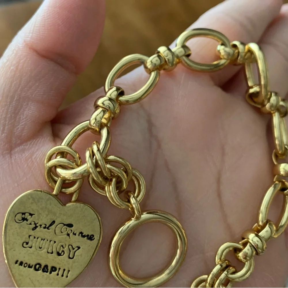 Gold Juicy Couture Bracelet Heart Logo Heart Tag Toggle Clasp Jewelry 7.5” EUC - Picture 5 of 10